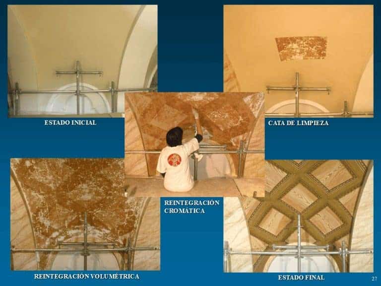 Cata de limpieza y fases de reintegración volumétrica y cromática en tramo de bóveda de la escalera de Aranjuez