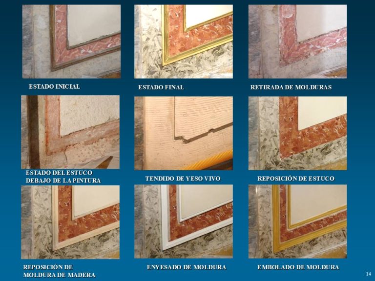 Relieves, recercados y rodapiés decorados en las salas y tramos de escalera