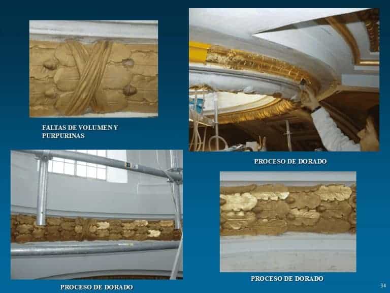 Proceso de dorado en guirnalda de hojas y lazos de estuco con faltas de volumen y purpurinas añadidas