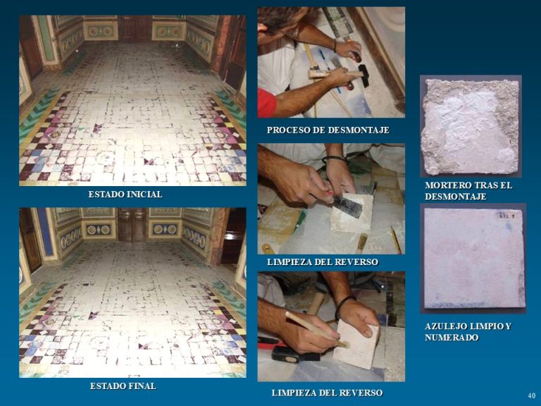Trabajos de restauración y limpieza del pavimento histórico en las salas de la Casa del Labrador