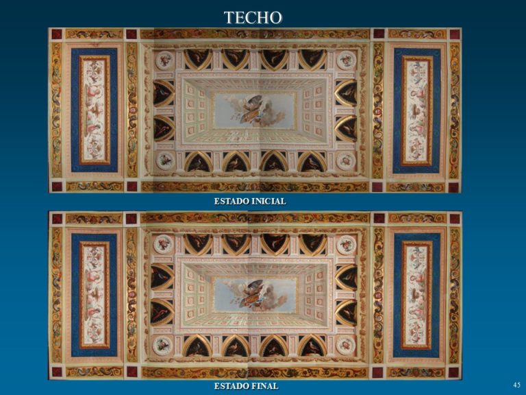 Techo decorado de la sala Carlos III con casetones y motivos figurativos neoclásicos