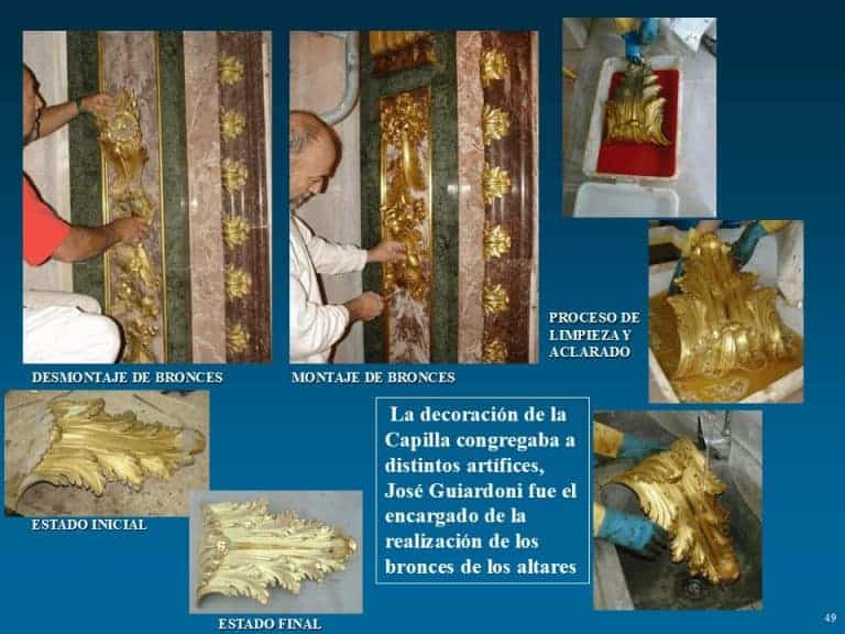 Proceso de restauración de bronces decorativos de los altares de la capilla del Palacio Real de Aranjuez