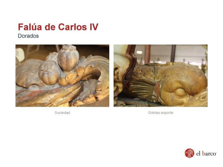 Diapositiva “Falúa de Carlos IV — Dorados” con dos fotografías de detalle: a la izquierda, acumulación de suciedad sobre elementos tallados; a la derecha, zona dorada con grietas en el soporte visibles en una unión. Incluye el logotipo de El Barco abajo a la derecha.