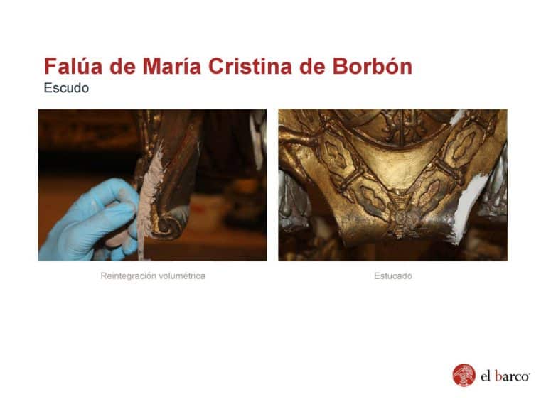 Diapositiva “Falúa de María Cristina de Borbón — Escudo” con dos fotografías de proceso: a la izquierda, trabajo manual de reintegración volumétrica en un elemento del escudo; a la derecha, zona del escudo en fase de estucado con lagunas preparadas. Incluye el logotipo de El Barco abajo a la derecha.